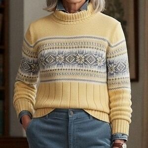 vtg fair isle Sweater 2x butter yellow chunky Knit grandpa fisherman coastal